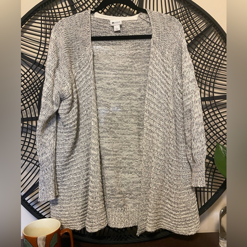 STYLUS Neutral Cardigan Sweater Woven 94% Cotton Gray Blue Cream Size Large